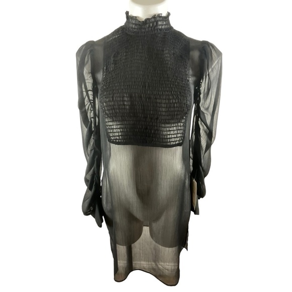 Zara Black Sheer Smocked High Neck Smocked Front Panel Ruched Sleeve Dress - Picture 14 of 14